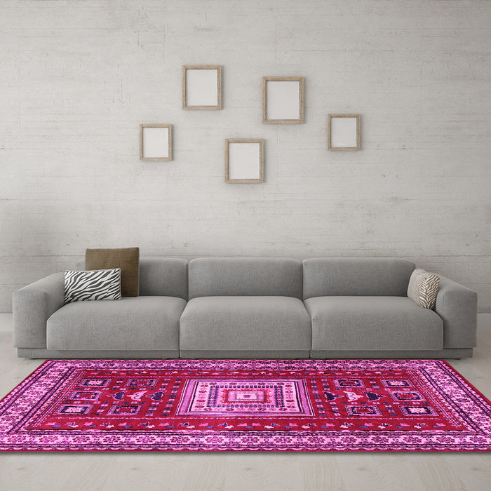 Machine Washable Geometric Pink Traditional Rug in a Living Room, wshtr2678pnk