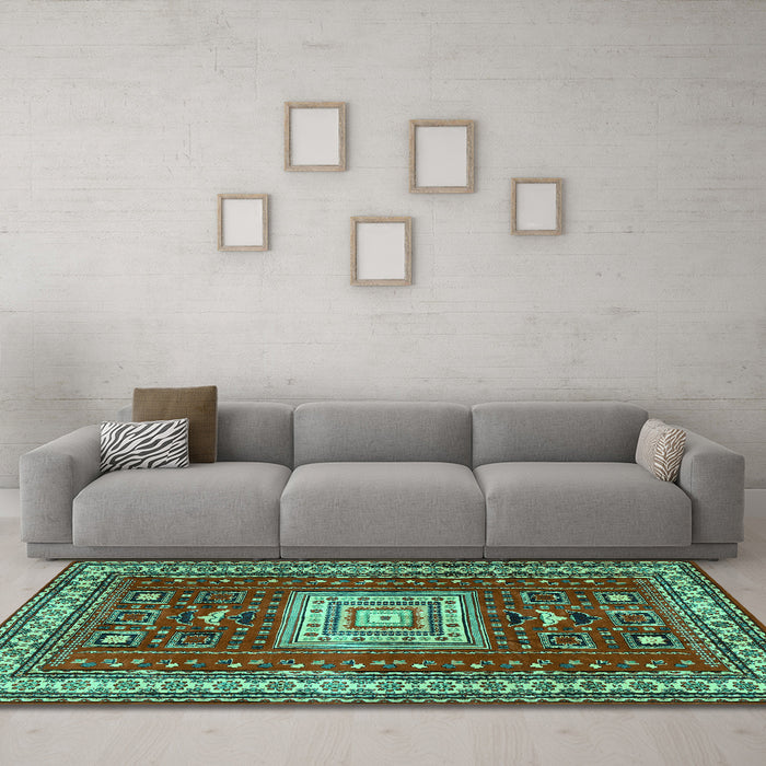 Machine Washable Geometric Turquoise Traditional Area Rugs in a Living Room,, wshtr2678turq