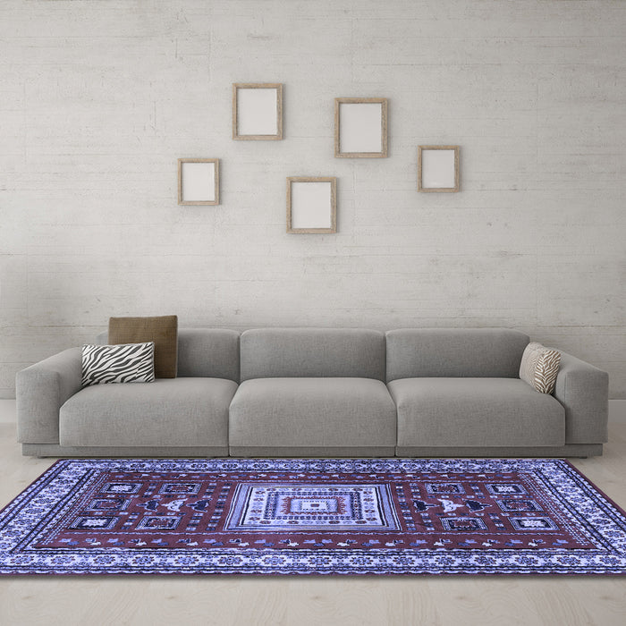 Machine Washable Geometric Blue Traditional Rug in a Living Room, wshtr2678blu