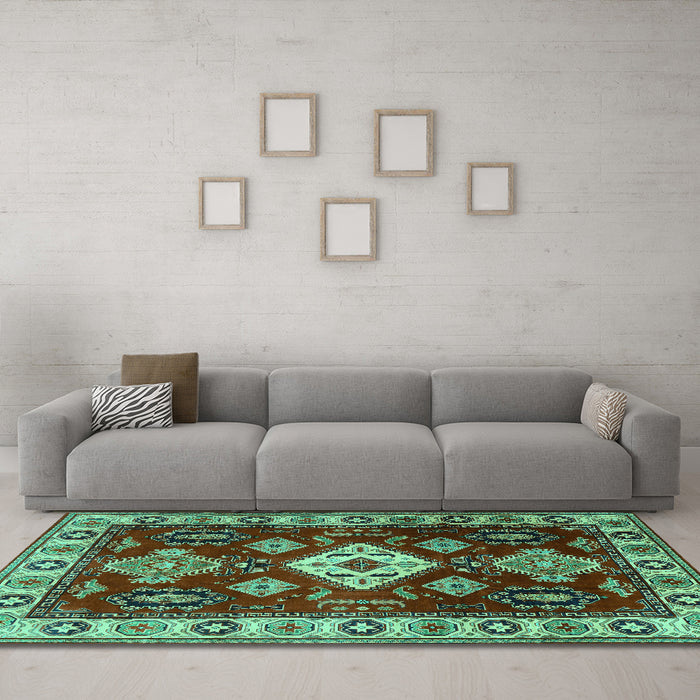 Machine Washable Geometric Turquoise Traditional Area Rugs in a Living Room,, wshtr2679turq