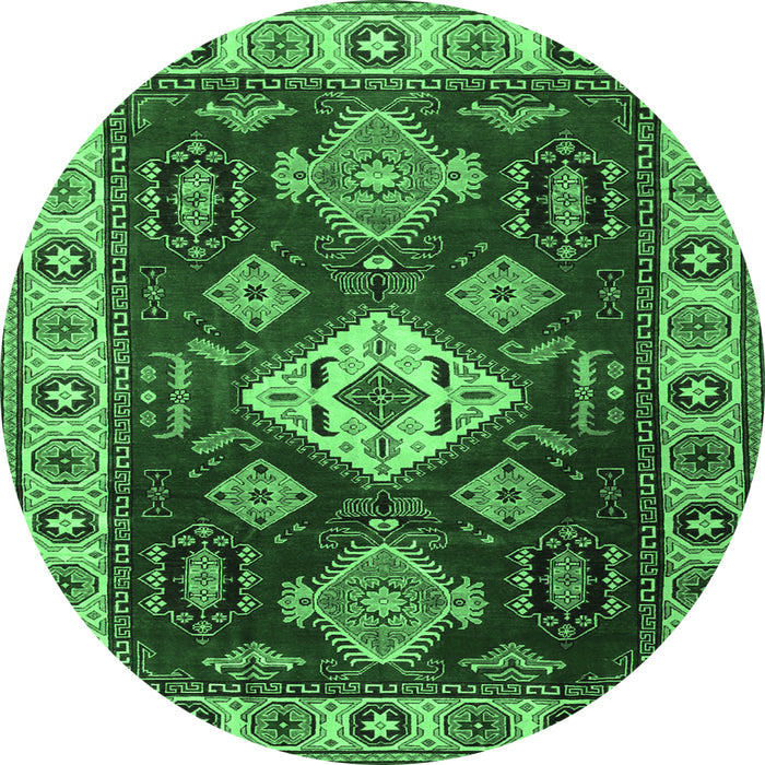 Round Machine Washable Geometric Emerald Green Traditional Area Rugs, wshtr2679emgrn