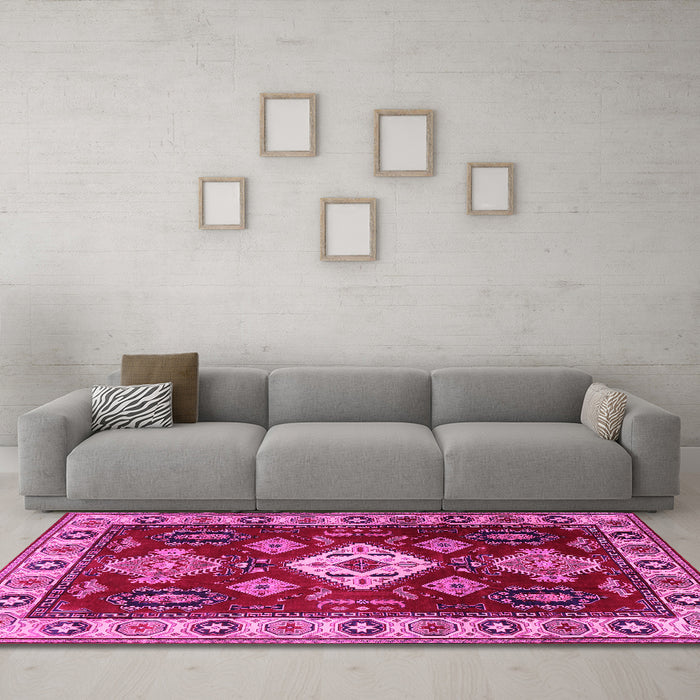 Machine Washable Geometric Pink Traditional Rug in a Living Room, wshtr2679pnk
