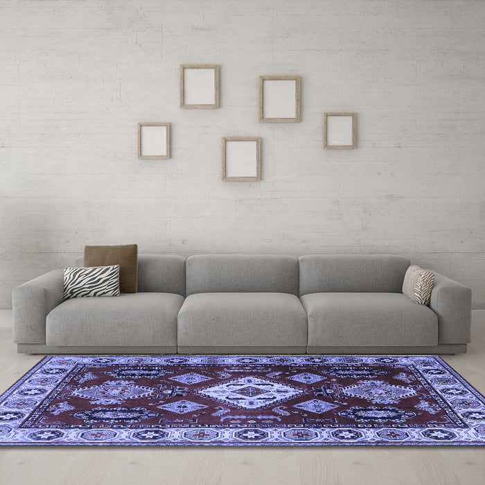 Machine Washable Geometric Blue Traditional Rug in a Living Room, wshtr2679blu