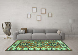 Machine Washable Geometric Turquoise Traditional Area Rugs in a Living Room,, wshtr267turq