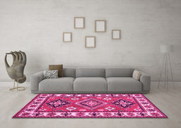 Machine Washable Geometric Pink Traditional Rug in a Living Room, wshtr267pnk