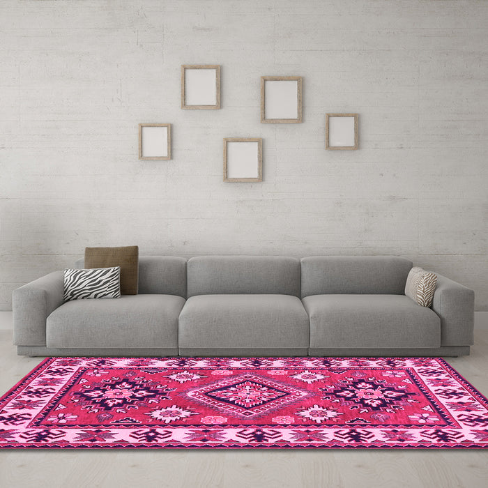 Machine Washable Geometric Pink Traditional Rug in a Living Room, wshtr267pnk