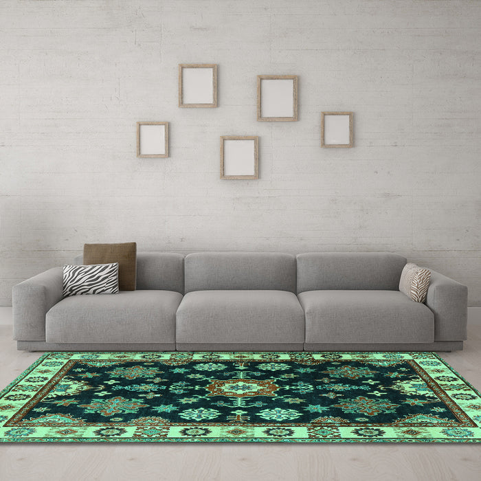 Machine Washable Persian Turquoise Traditional Area Rugs in a Living Room,, wshtr2681turq