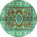 Round Machine Washable Geometric Turquoise Traditional Area Rugs, wshtr2682turq