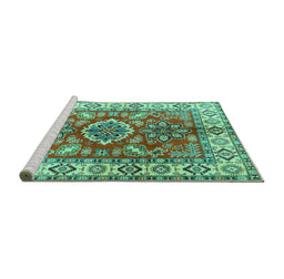 Sideview of Machine Washable Geometric Turquoise Traditional Area Rugs, wshtr2682turq