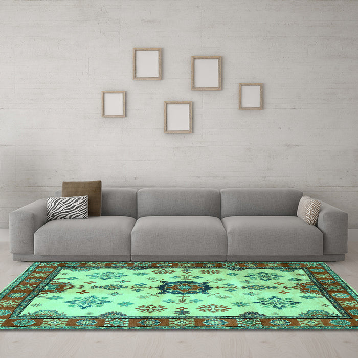 Machine Washable Geometric Turquoise Traditional Area Rugs in a Living Room,, wshtr2683turq