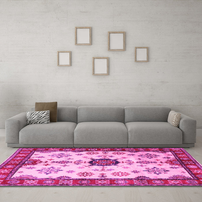 Machine Washable Geometric Pink Traditional Rug in a Living Room, wshtr2683pnk