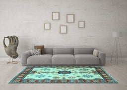 Machine Washable Geometric Light Blue Traditional Rug in a Living Room, wshtr2683lblu