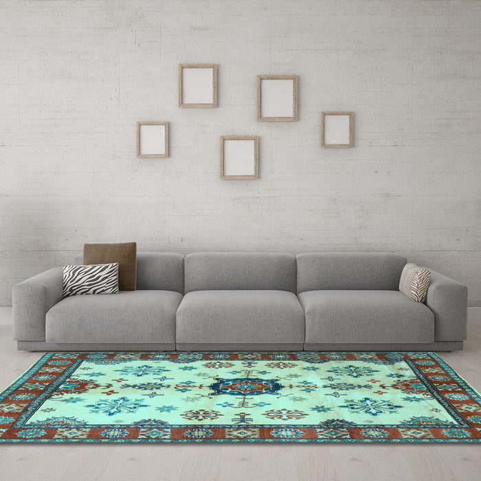 Machine Washable Geometric Light Blue Traditional Rug in a Living Room, wshtr2683lblu