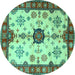 Round Machine Washable Geometric Turquoise Traditional Area Rugs, wshtr2683turq