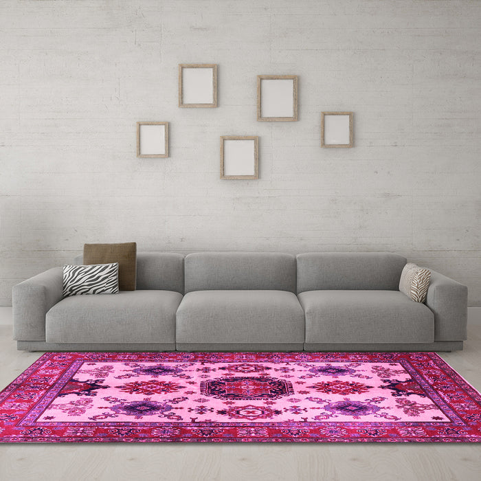 Machine Washable Persian Pink Traditional Rug in a Living Room, wshtr2684pnk