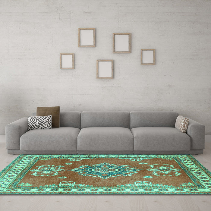 Machine Washable Persian Turquoise Traditional Area Rugs in a Living Room,, wshtr2685turq