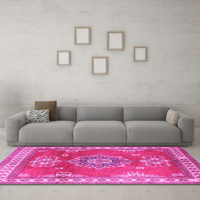 Machine Washable Persian Pink Traditional Rug in a Living Room, wshtr2685pnk