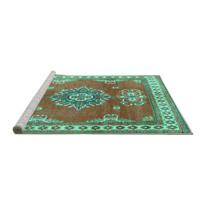 Sideview of Machine Washable Persian Turquoise Traditional Area Rugs, wshtr2685turq