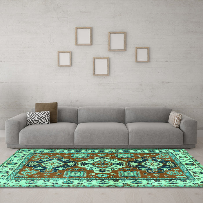 Machine Washable Persian Turquoise Traditional Area Rugs in a Living Room,, wshtr2686turq