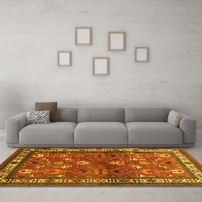Machine Washable Animal Yellow Traditional Rug in a Living Room, wshtr268yw