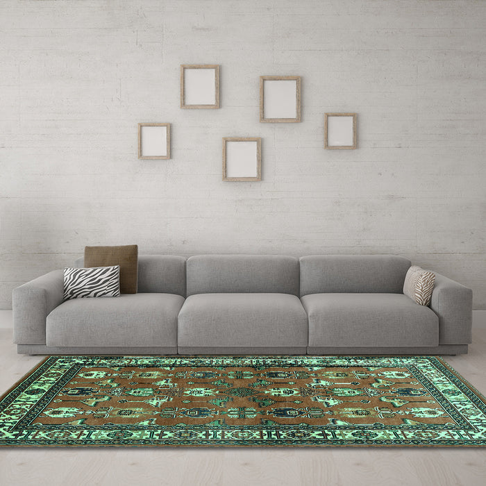 Machine Washable Animal Turquoise Traditional Area Rugs in a Living Room,, wshtr268turq