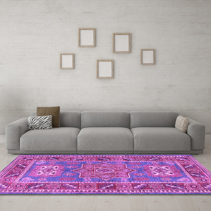 Machine Washable Geometric Purple Traditional Area Rugs in a Living Room, wshtr2693pur