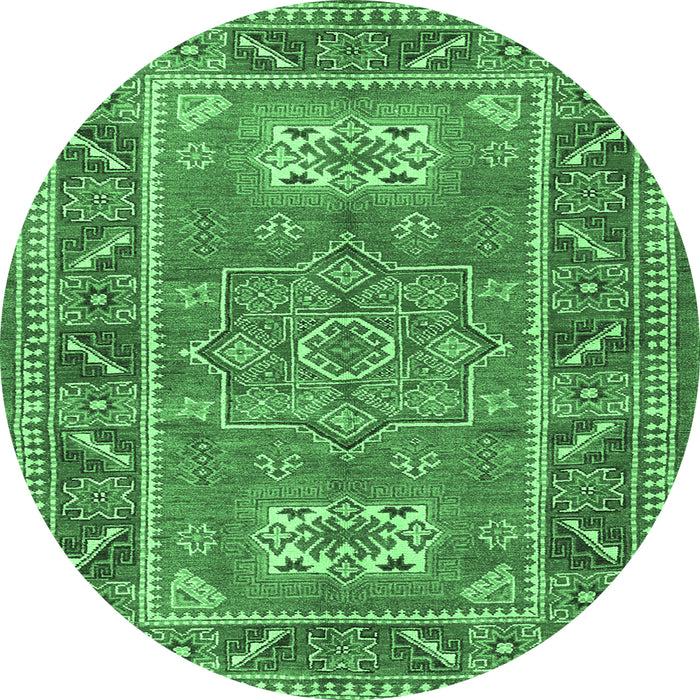 Round Geometric Emerald Green Traditional Rug, tr2693emgrn