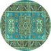 Round Machine Washable Geometric Turquoise Traditional Area Rugs, wshtr2693turq