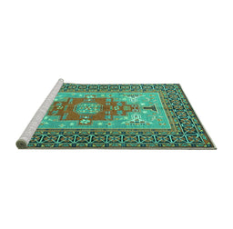 Sideview of Machine Washable Persian Turquoise Traditional Area Rugs, wshtr2694turq