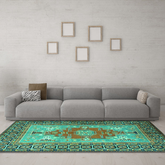 Machine Washable Persian Turquoise Traditional Area Rugs in a Living Room,, wshtr2694turq