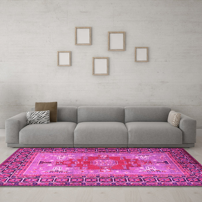 Machine Washable Persian Pink Traditional Rug in a Living Room, wshtr2694pnk