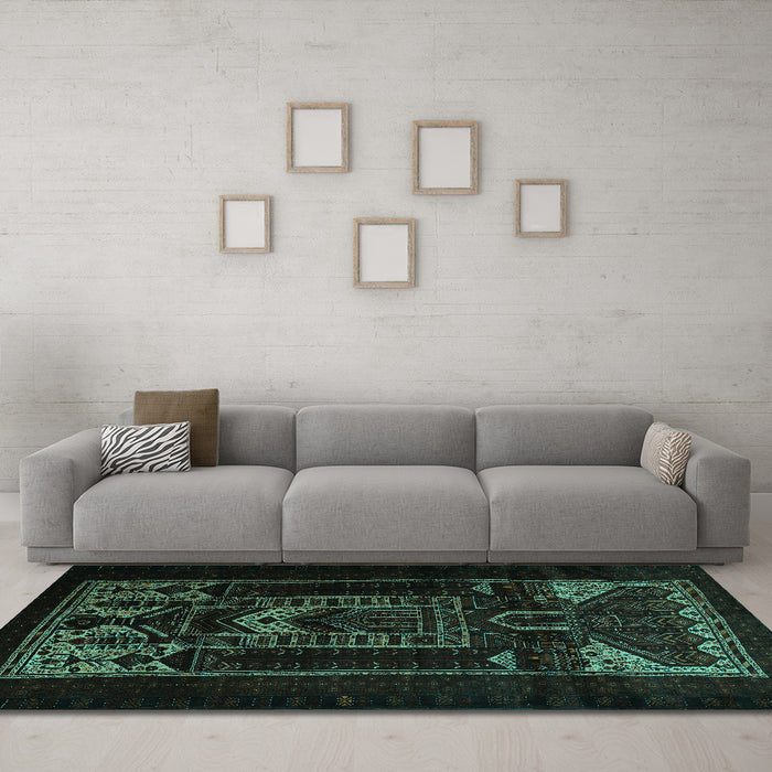 Machine Washable Persian Turquoise Traditional Area Rugs in a Living Room,, wshtr2695turq