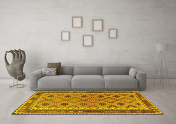 Machine Washable Southwestern Yellow Country Rug in a Living Room, wshtr2696yw