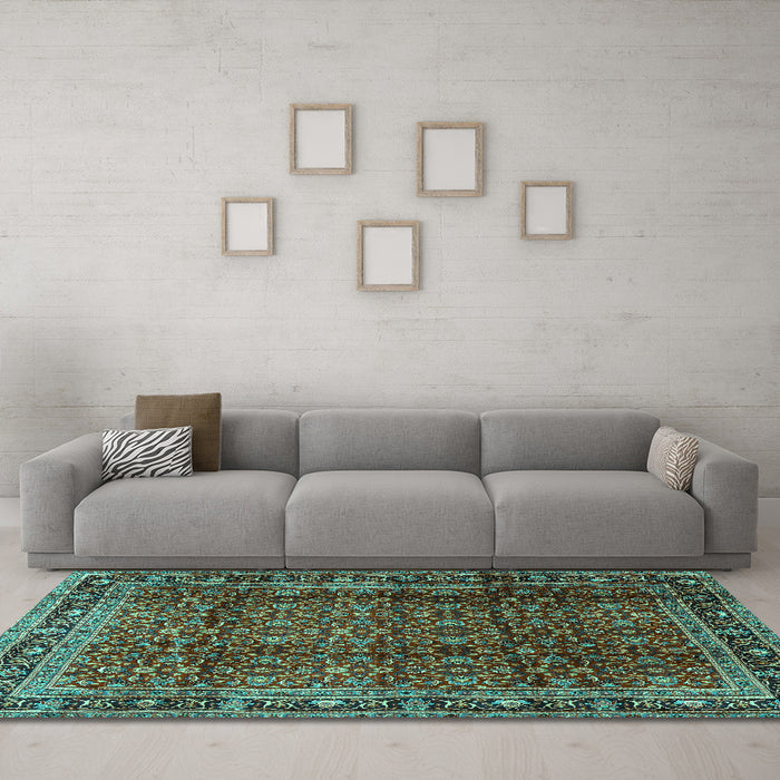 Machine Washable Persian Turquoise Traditional Area Rugs in a Living Room,, wshtr2699turq