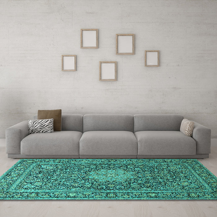 Machine Washable Persian Turquoise Traditional Area Rugs in a Living Room,, wshtr269turq