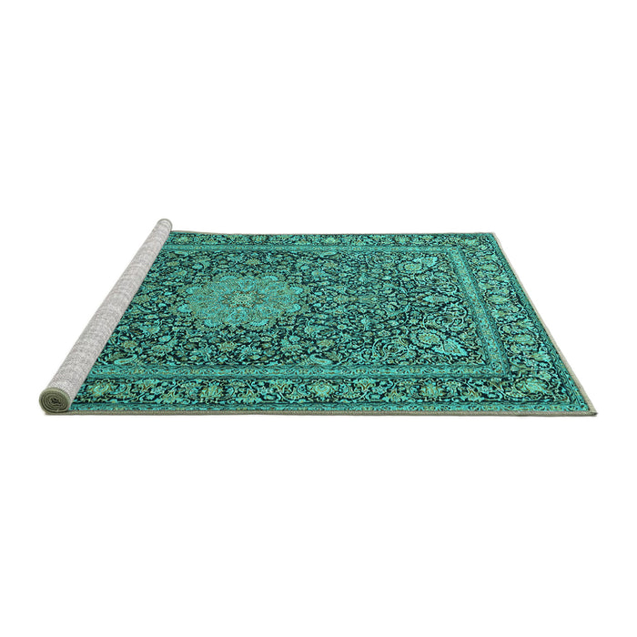 Sideview of Machine Washable Persian Turquoise Traditional Area Rugs, wshtr269turq