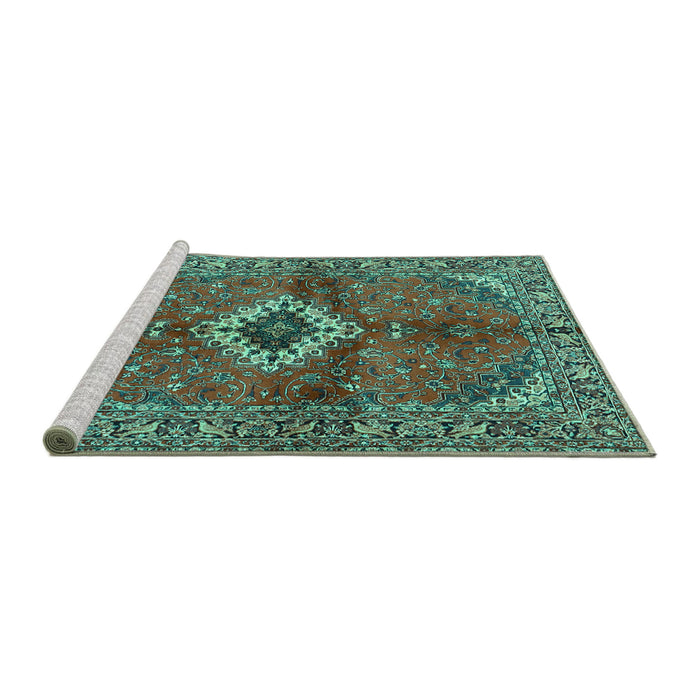 Sideview of Machine Washable Persian Turquoise Traditional Area Rugs, wshtr2700turq