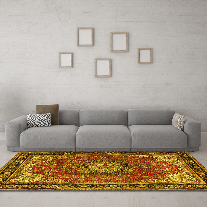 Machine Washable Persian Yellow Traditional Rug in a Living Room, wshtr2701yw