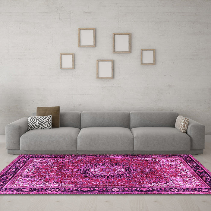 Machine Washable Persian Pink Traditional Rug in a Living Room, wshtr2701pnk
