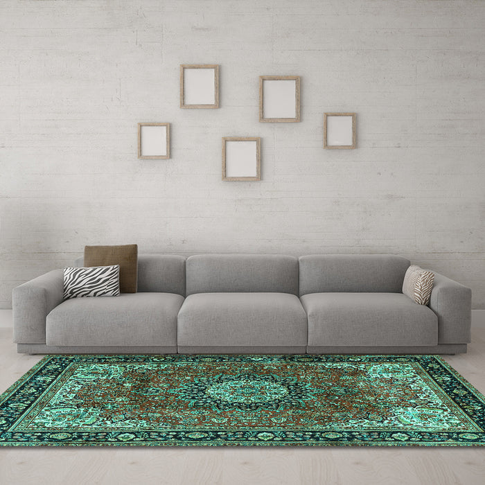 Machine Washable Persian Turquoise Traditional Area Rugs in a Living Room,, wshtr2701turq