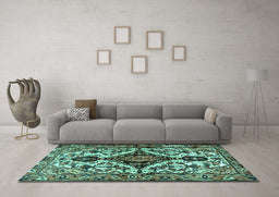 Machine Washable Persian Turquoise Traditional Area Rugs in a Living Room,, wshtr2702turq