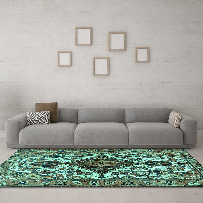 Machine Washable Persian Turquoise Traditional Area Rugs in a Living Room,, wshtr2702turq