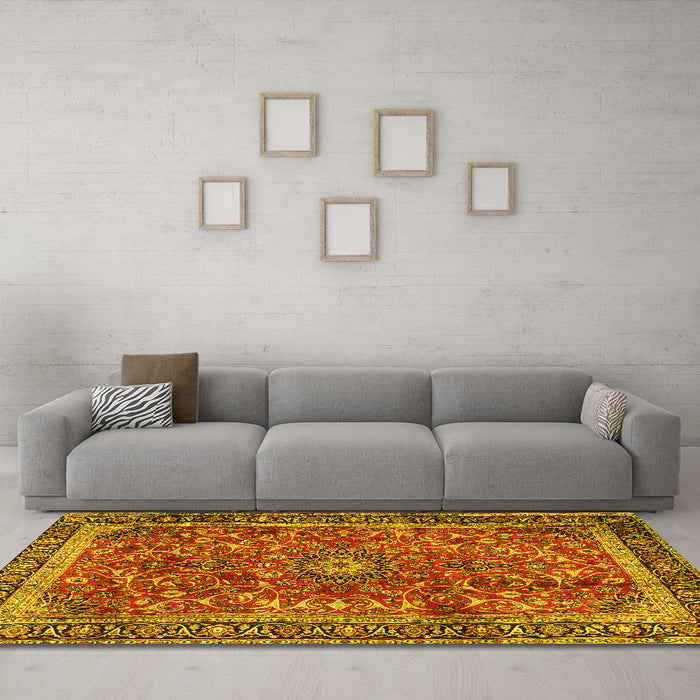 Machine Washable Persian Yellow Traditional Rug in a Living Room, wshtr2703yw