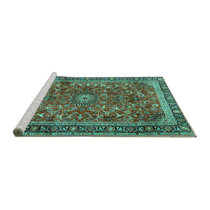 Sideview of Machine Washable Persian Turquoise Traditional Area Rugs, wshtr2703turq