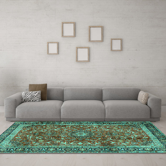 Machine Washable Persian Turquoise Traditional Area Rugs in a Living Room,, wshtr2703turq