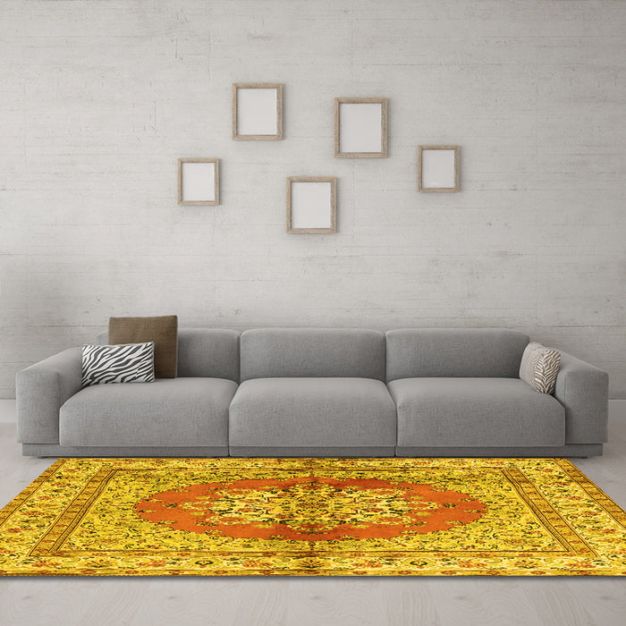 Machine Washable Persian Yellow Traditional Rug in a Living Room, wshtr2704yw