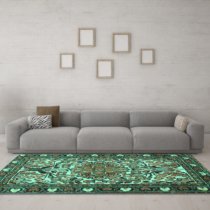 Machine Washable Persian Turquoise Traditional Area Rugs in a Living Room,, wshtr2705turq