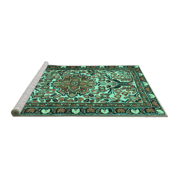 Sideview of Machine Washable Persian Turquoise Traditional Area Rugs, wshtr2705turq