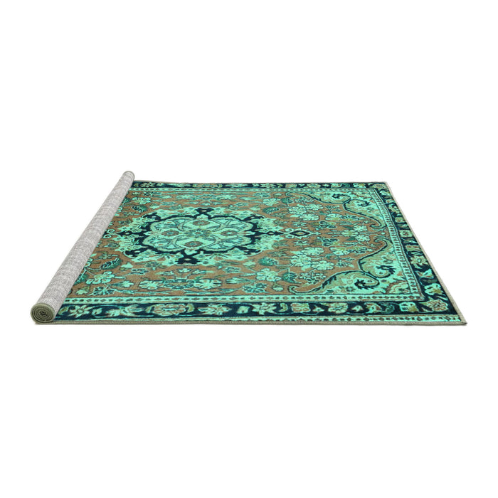 Sideview of Machine Washable Persian Turquoise Traditional Area Rugs, wshtr2706turq