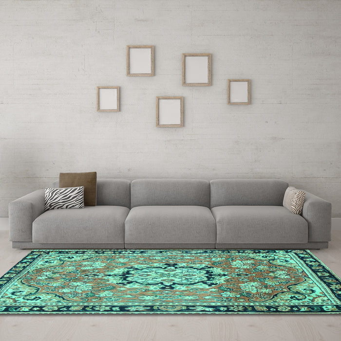 Machine Washable Persian Turquoise Traditional Area Rugs in a Living Room,, wshtr2706turq